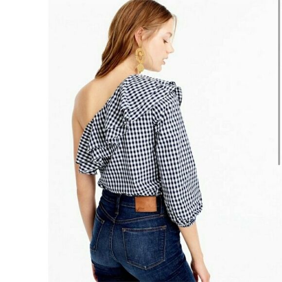 J. Crew Gingham One Shoulder Ruffle Top Size 6 - Picture 2 of 10